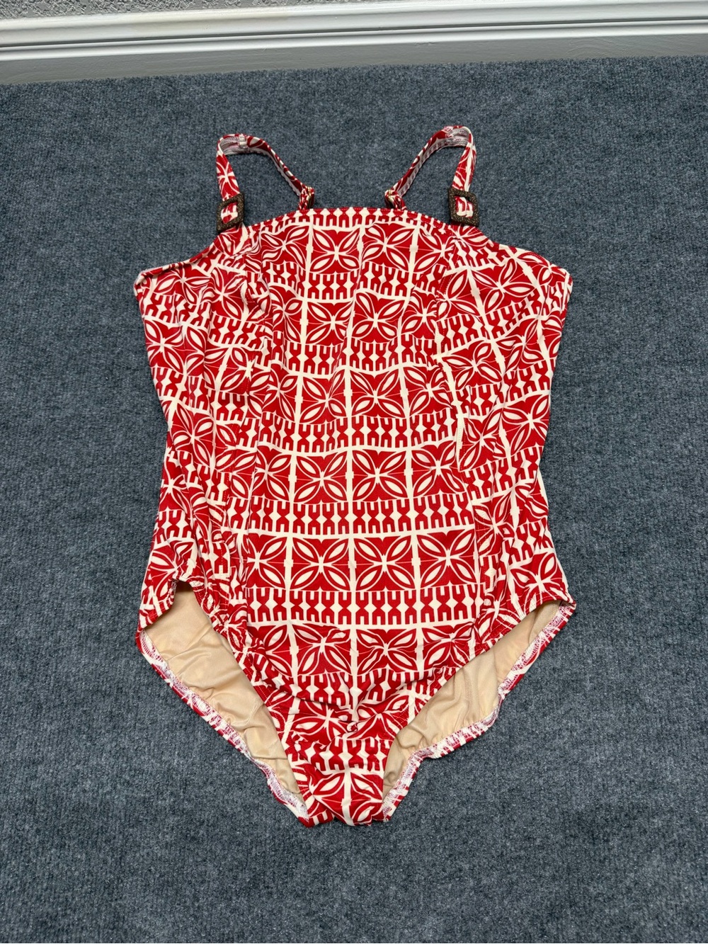 Lands' End Red and Cream Geometric One-Piece Swimsuit